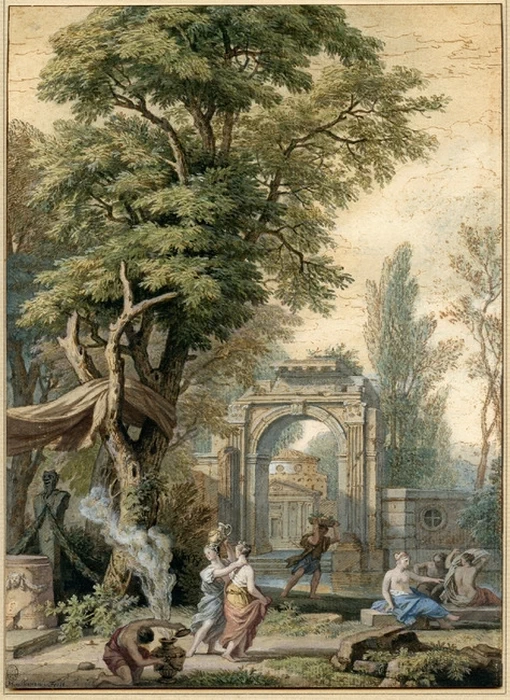Paesaggio di un parco con scena di offerta mitologica - Den Otter Fine Art, Rotterdam